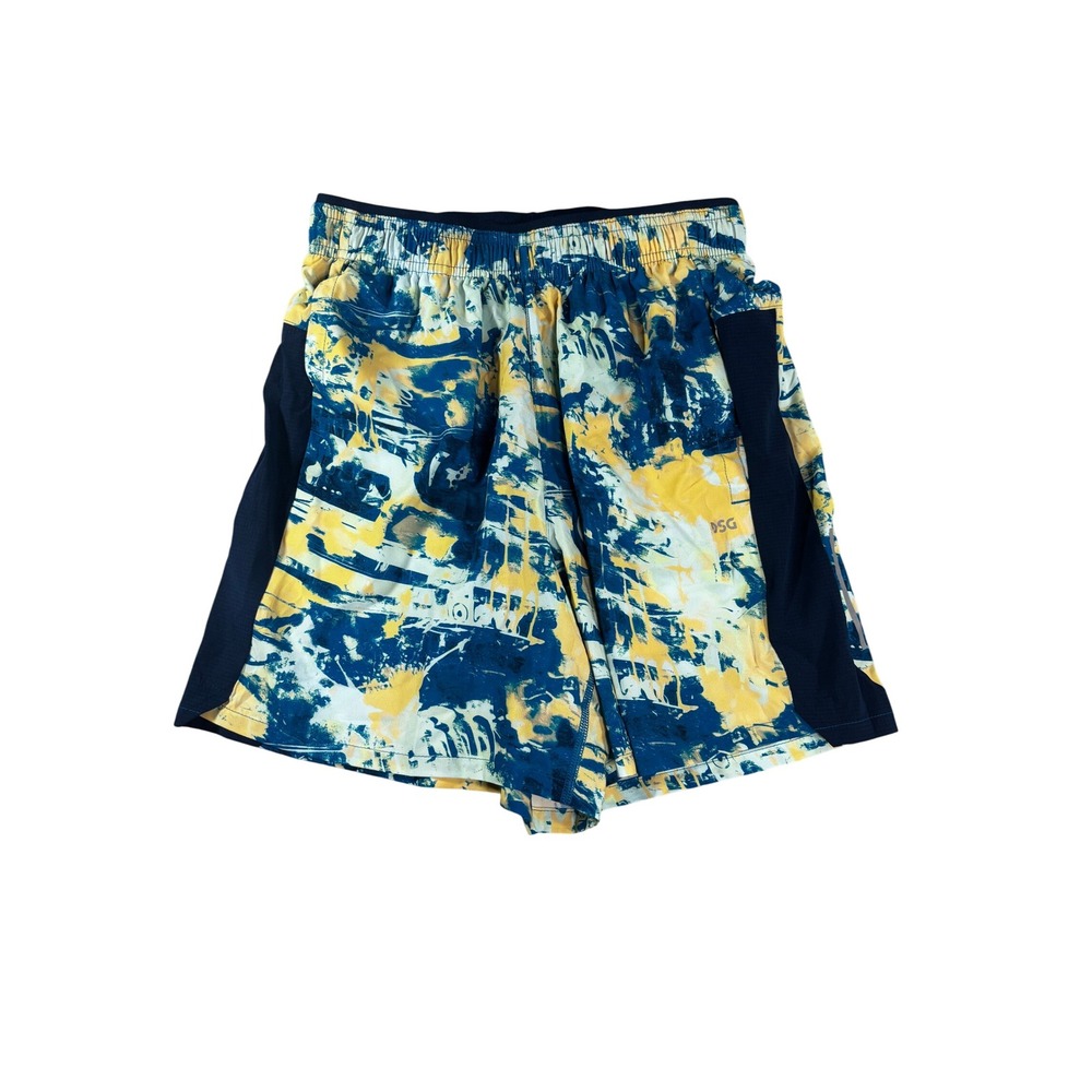 DSG Mens 5 Inch Stride Shorts Blue Yellow Abstract Print Athletic Run XS NWT